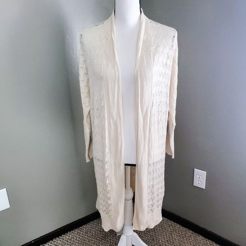 Lucky Brand Cardigan Sweater Women's Size XS Beige Long Sleeve Open Knit Chevron